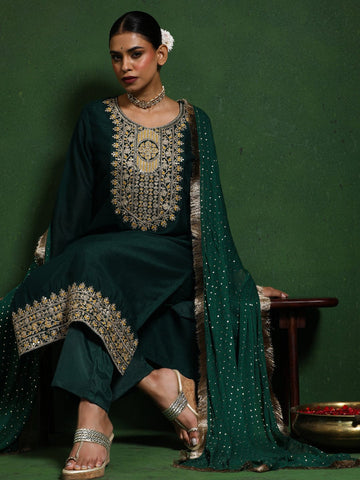 Varanga Women Zari & Sequin Embroidered Kurta With Trouser & Chiffon Dupatta
